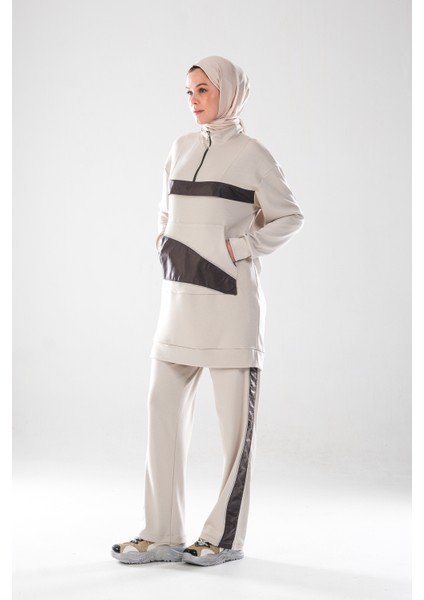 2280_KADIN Fermuarlı Dik Yaka, Gümüş Biye Detaylı, Spor Eşofman Takımı–kanguru Cep, Şeritli Pantolon fiyatları