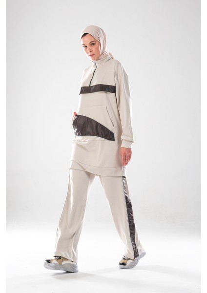 2280_KADIN Fermuarlı Dik Yaka, Gümüş Biye Detaylı, Spor Eşofman Takımı–kanguru Cep, Şeritli Pantolon modelleri