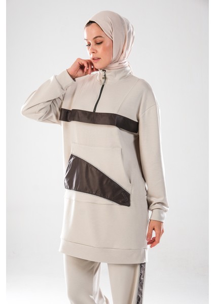 2280_KADIN Fermuarlı Dik Yaka, Gümüş Biye Detaylı, Spor Eşofman Takımı–kanguru Cep, Şeritli Pantolon fırsatları