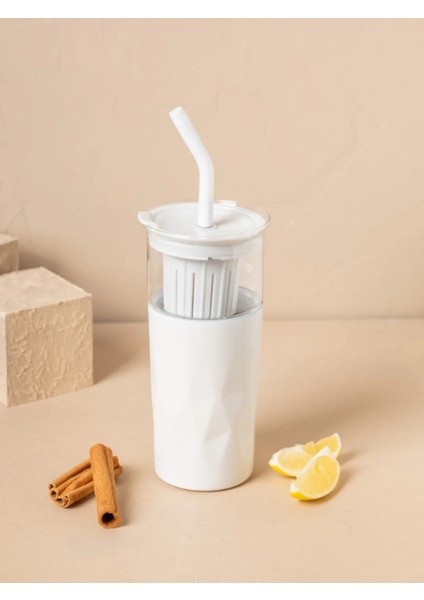 H2O 5'i 1 Yerde Çelik Pipetli Cam Detox Kupa Temizleyici Hediyeli 650 ml