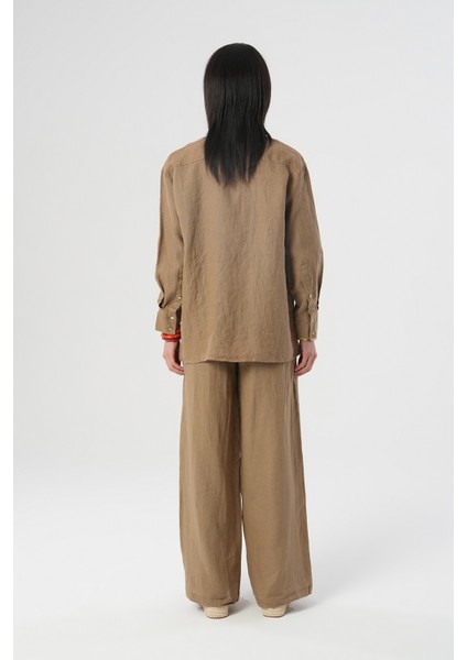 Kadın %100 Keten Yanları Düğme Detaylı Gömlek indirimleri