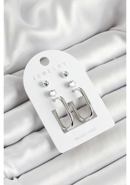 Pirinç Zirkon Taş Ve Dikdörtgen Figürlü Gümüş Renk 3'lü Çift Kadın Küpe Set