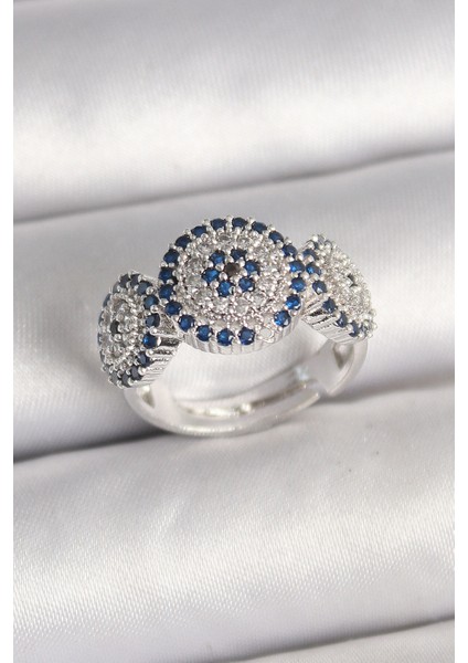 Pirinç Gümüş Renk Zirkon Taşlı Nazar Boncuk Model Ayarlanabilir Kadın Yüzük