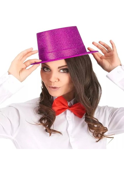 Bfs Fuşya Pembe Renk Parıltılı Simli Fötr Silindir Parti Şapkası