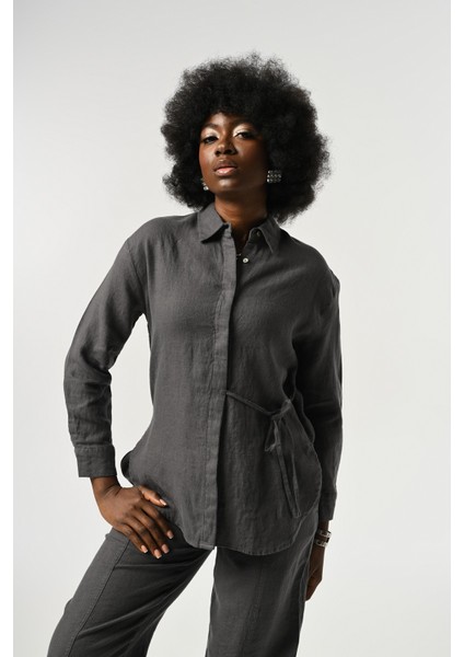 Kadın %100 Keten Önü Bağlama Detaylı Gömlek