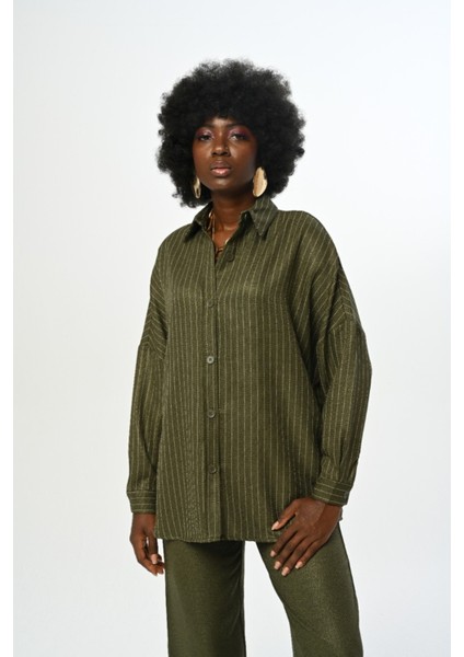 Kadın Çizgili Desenli Düz Renk Oversize Kesim Gömlek