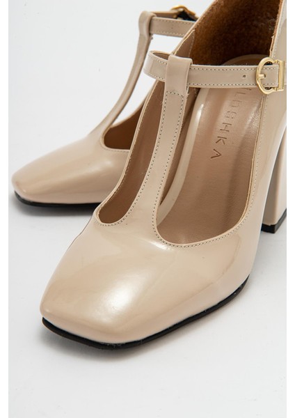 OMERA Bej Rugan Kalın Topuklu Kadın Ayakkabı