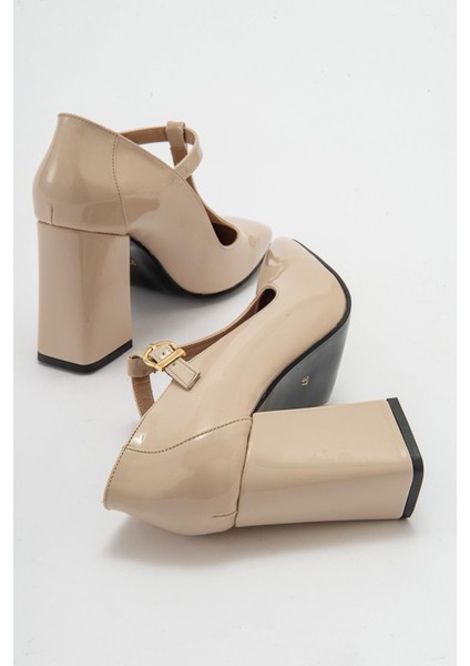 OMERA Bej Rugan Kalın Topuklu Kadın Ayakkabı