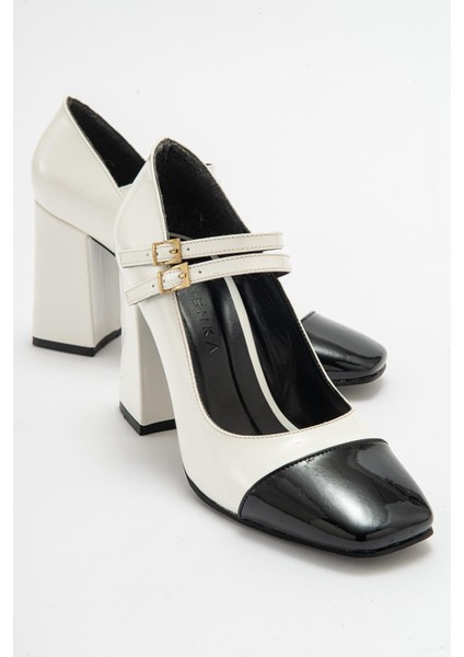 ANTE Beyaz Rugan Kalın Topuklu Tokalı Kadın Ayakkabı