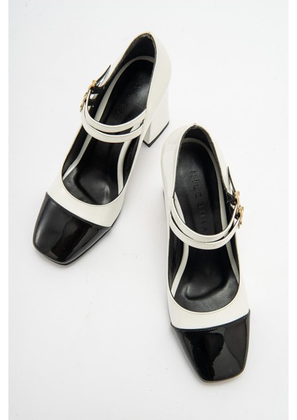 ANTE Beyaz Rugan Kalın Topuklu Tokalı Kadın Ayakkabı