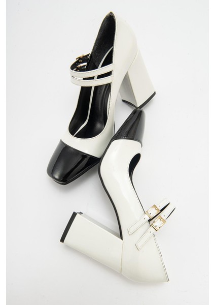 ANTE Beyaz Rugan Kalın Topuklu Tokalı Kadın Ayakkabı