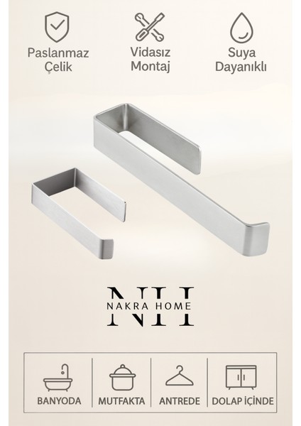 Paslanmaz Çelik Yapışkanlı Havlu & Tuvalet Kağıdı Askılığı Seti | Delmeden Montaj Neme Dayanıklı