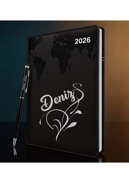 Kişiye Özel Isimli Termo Sert Kapak 2026 Siyah Ajanda & Kalem -5, Öğretmenler Günü Hediyesi, Yeni Iş Hediyesi
