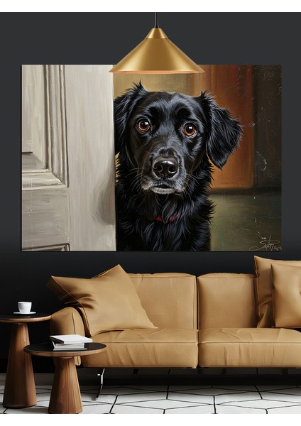 Kapıdaki Siyah Köpek Dekoratif Kanvas - Mdf Ahşap Tablo