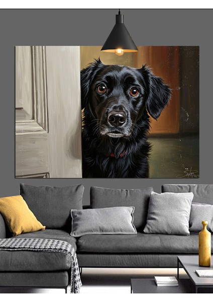 Kapıdaki Siyah Köpek Dekoratif Kanvas - Mdf Ahşap Tablo fiyatları