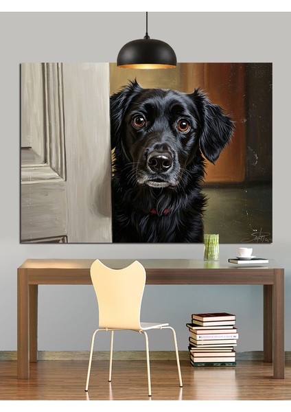 Kapıdaki Siyah Köpek Dekoratif Kanvas - Mdf Ahşap Tablo fırsatları