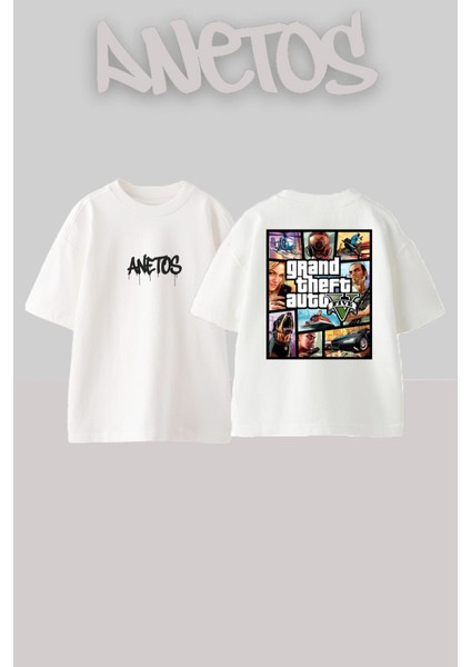 Grand Theft Auto V Tasarım Sırt Baskılı Pamuk Beyaz Oversize T-Shirt