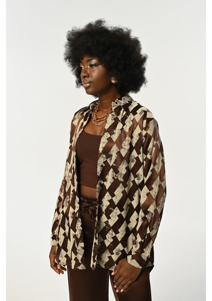 Kadın Kahverengi-Krem Desenli Oversize Kesim Gömlek