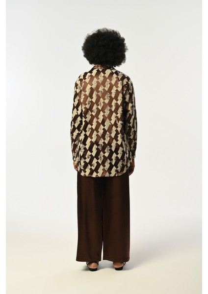 Kadın Kahverengi-Krem Desenli Oversize Kesim Gömlek indirimleri