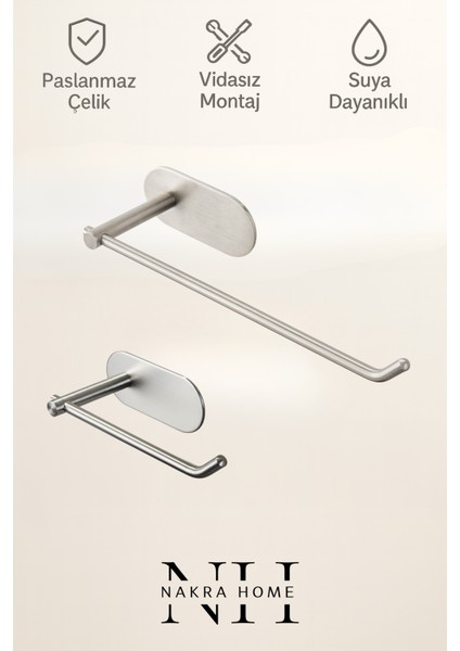 2'li Paslanmaz Çelik Yapışkanlı Havlu Askılığı ve Tuvalet Kağıtlığı | Delmeden Montaj Neme Dayanıklı