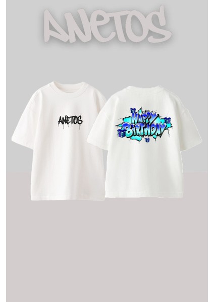 Happy Birtyhday Tasarım Sırt Baskılı Pamuk Beyaz Oversize T-Shirt