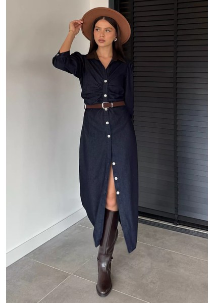 Kadın Boydan Düğmeli Bel Kemer Aksesuarlı Jean Kot Elbise P-00018891