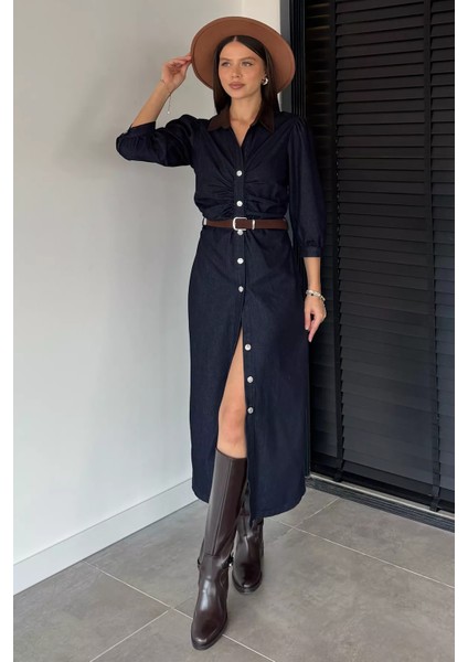 Kadın Boydan Düğmeli Bel Kemer Aksesuarlı Jean Kot Elbise P-00018891 fiyatları