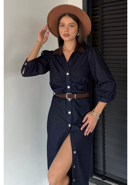 Kadın Boydan Düğmeli Bel Kemer Aksesuarlı Jean Kot Elbise P-00018891 modelleri