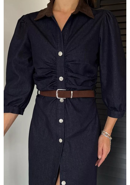 Kadın Boydan Düğmeli Bel Kemer Aksesuarlı Jean Kot Elbise P-00018891 fırsatları