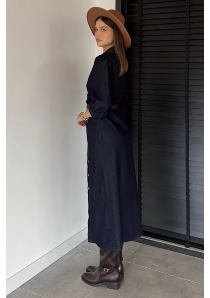 Kadın Boydan Düğmeli Bel Kemer Aksesuarlı Jean Kot Elbise P-00018891 indirimleri