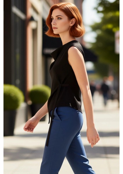 Kadın Asimetrik Kesim Degaje Yaka Kolsuz Ince Triko Bluz Kaliteli Şık Rahat Modern