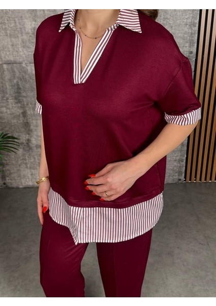 Kadın Modal Kumaş Çizgili Gömlek Yaka Ikili Takım modelleri