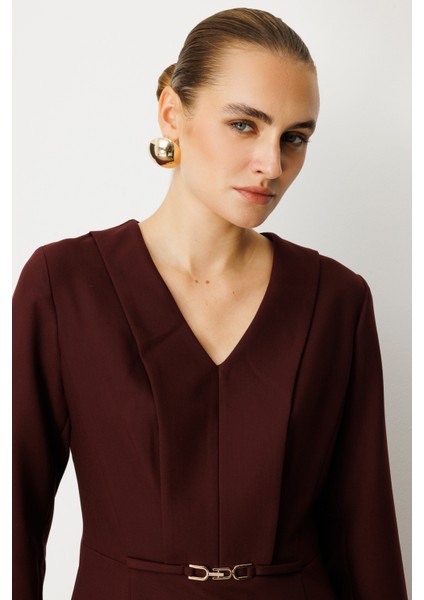 Kadın Beli Metal Aksesuarlı Midi Elbise 4033 Bordo modelleri