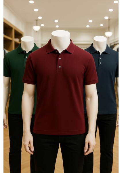 Erkek Giyim %100 Pamuklu Bordo & Koyu Yeşil & Koyu Lacivert 3 Adet Polo Yaka Tişört LL.DINC3LU.001