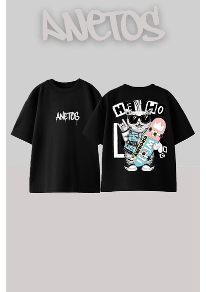 Hey Ho City Tasarım Sırt Baskılı Pamuk Siyah Oversize T-Shirt