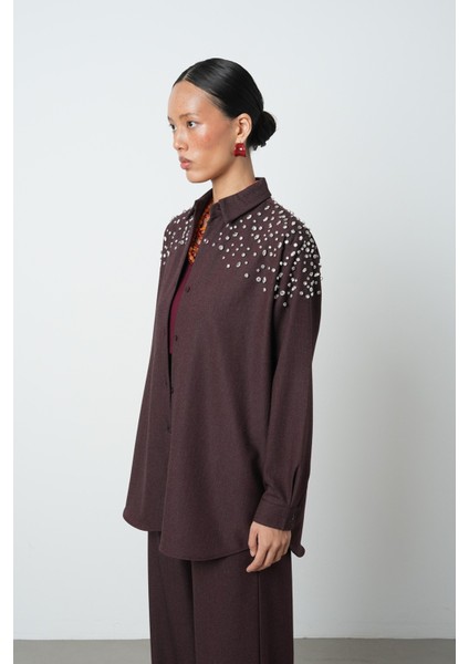 Kadın Robası Taş Işlemeli Oversize Kesim Tesettür Gömlek fiyatları