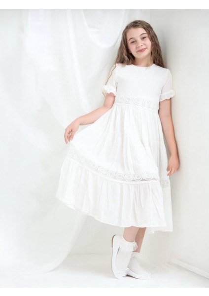 Helen Dantel Detaylı Kız Çocuk Elbise Beyaz