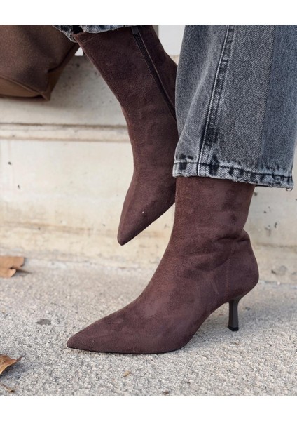 Orvex Kadın Süet Ince Topuklu Bot Kahverengi