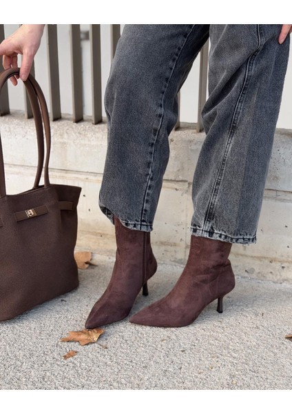 Orvex Kadın Süet Ince Topuklu Bot Kahverengi modelleri