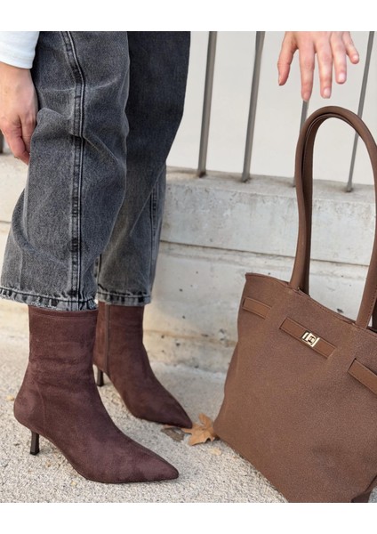 Orvex Kadın Süet Ince Topuklu Bot Kahverengi indirimleri