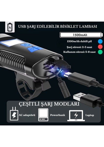 Kablosuz LCD Ekranlı Hız Göstergeli Bisiklet Kornası Şarjlı Bisiklet Feneri Su Geçirmez