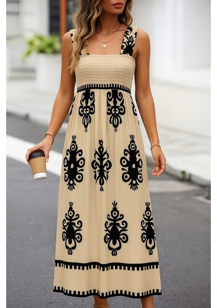 Kadın Askılı Kare Yaka Gipe Detaylı Desenli Suprem Elbise