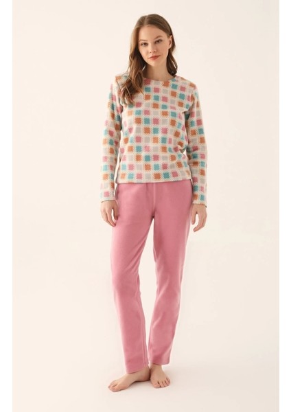 Krem Kadın Uzun Kol Polar Pijama Takım