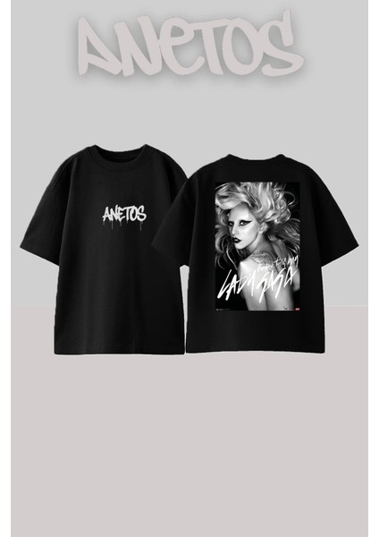 Lady Gaga 2 Tasarım Sırt Baskılı Pamuk Siyah Oversize T-Shirt