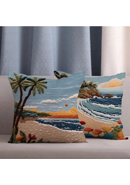 2 Li Kombin Nakış Desen Deniz Manzara Dijital Baskılı Kırlent Kılıfı