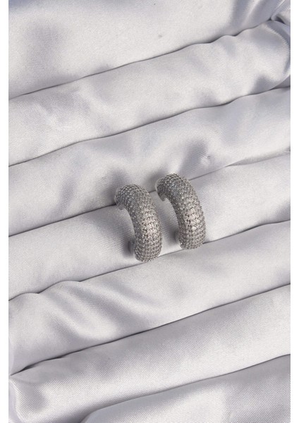 Pirinç Gümüş Renk Zirkon Taşlı Yarım Halka Küpe fiyatları