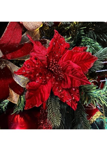 Yapay Kadife Pullu Ponsetya Kırmızı 20 cm Yeni Yıl Yılbaşı