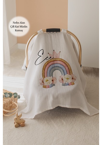 %100 Pamuk Isme Özel Çift Katlı Müslin Puset Örtüsü - Gökkuşağı
