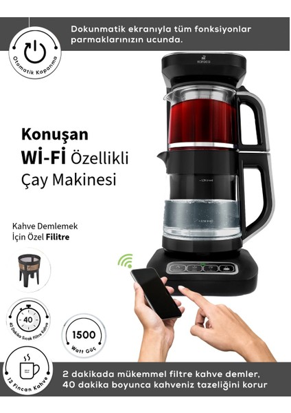 Çaysever Apple-Android Kablosuz Wi-Fi Kontrol Konuşan Cam Çay Makinesi Gümüş-Uzaktan Çay ve Filitre Kahve Demle