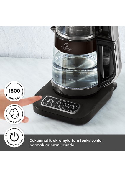 Çaysever Apple-Android Kablosuz Wi-Fi Kontrol Konuşan Cam Çay Makinesi Gümüş-Uzaktan Çay ve Filitre Kahve Demle